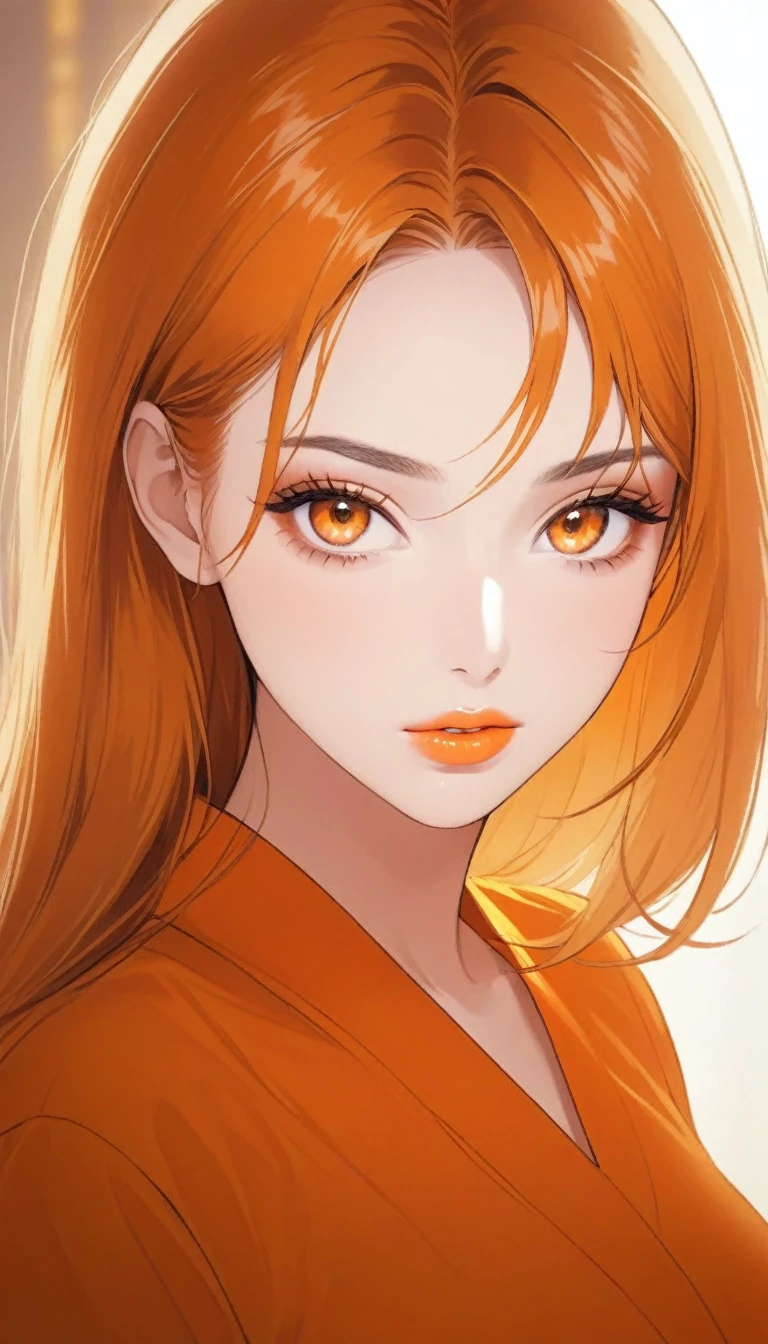 Generate a stunning portrait illustration of 30 year old beautiful woman (Beautiful face), (pretty face).saggy breasts ,She is wearing an elegant orange kurta that complements her fair skin, (fair skin), (white skin), (pink lips), with her hair a lovely shade of light orange (light orange hair), (glowing orange hair). Her face is flawless. Her eyes are captivating, (a bindi between her eyebrows), (red sindoor), (orange bindi). (Orange eyes), (perfect eyes), glowing orange eyes. ((Straight brows)). The scene is bathed in cinematic lighting and colors, with a breathtakingly beautiful background. The camera angle is chosen to be cinematic, creating a mesmerizing image.