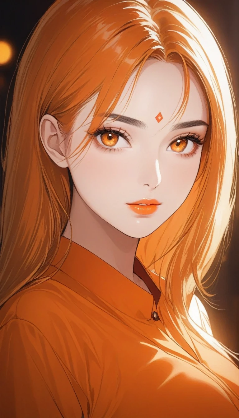 Generate a stunning portrait illustration of 30 year old beautiful woman (Beautiful face), (pretty face).saggy breasts ,She is wearing an elegant orange kurta that complements her fair skin, (fair skin), (white skin), (pink lips), with her hair a lovely shade of light orange (light orange hair), (glowing orange hair). Her face is flawless. Her eyes are captivating, (a bindi between her eyebrows), (red sindoor), (orange bindi). (Orange eyes), (perfect eyes), glowing orange eyes. ((Straight brows)). The scene is bathed in cinematic lighting and colors, with a breathtakingly beautiful background. The camera angle is chosen to be cinematic, creating a mesmerizing image.