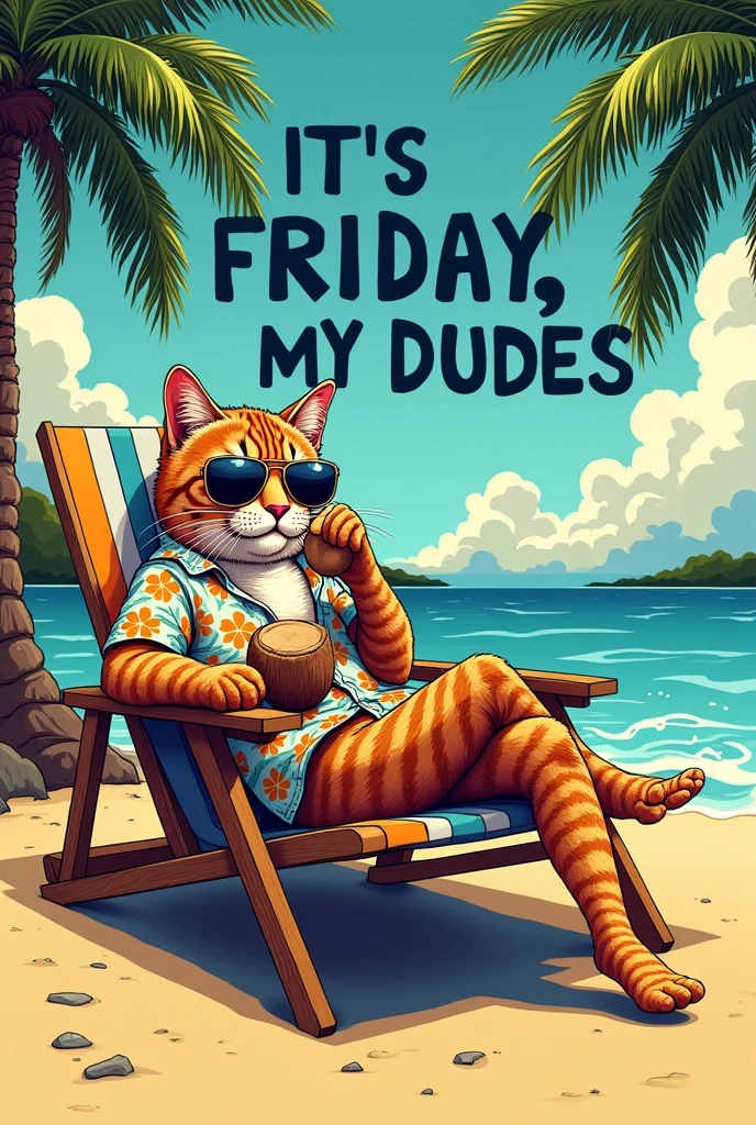 A vibrant, detailed illustration of an anthropomorphic Cat lounging on a beach chair sipping a drink from a half coconut shell. Above Dark blue with a white border bold words: in 3D font "IT'S FRIDAY, MY DUDES". The cat, wearing aviator sunglasses and a patterned Hawaiian shirt, Surrounded by palm trees and golden sand, and azure waves enhance the atmosphere. Retro 80s art style.