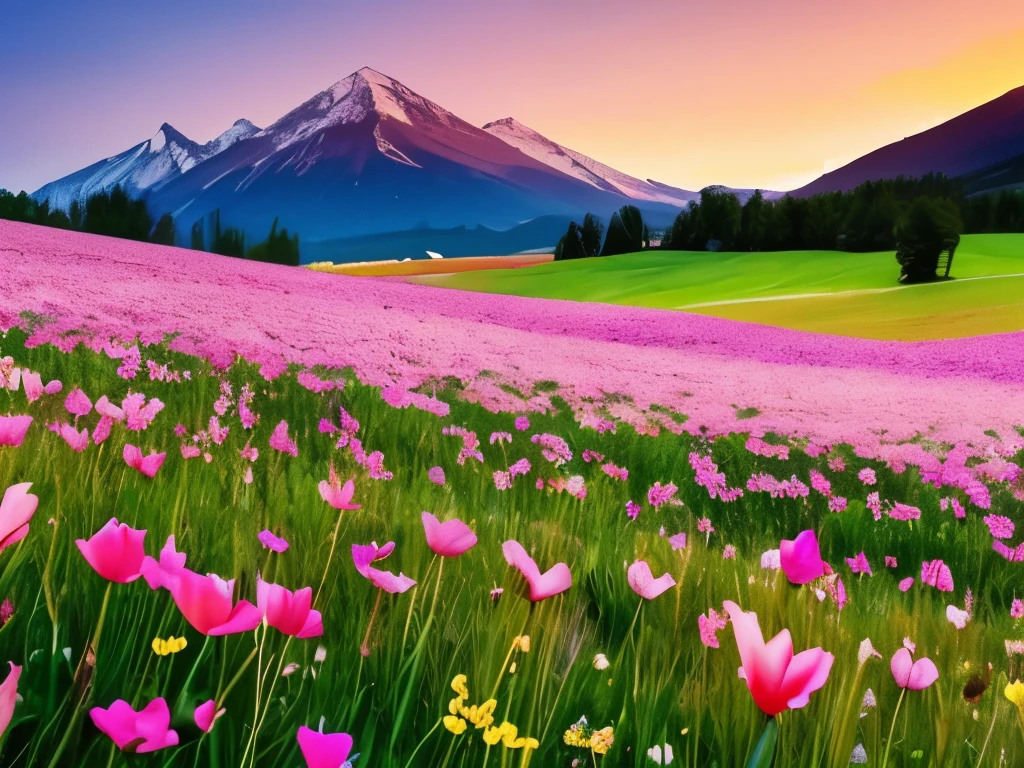 a close up of a field of flowers with mountains in the background, fields of flowers, an aesthetic field of flowers, field of flowers, in a field of flowers, field of fantasy flowers, flower field, field of mixed flowers, field of wild flowers, flower meadow, field of pink flowers, field of flowers background, sitting in a field of flowers