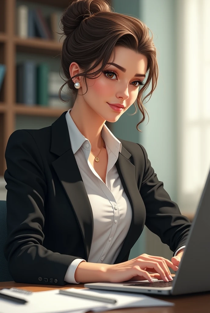 Draw a matured woman that customizing as a successful entrepreneurship with backgrounds of an office and sitting on the office chair doing work in the laptop and have some papers in her side  also put the hair up in a messy bun and the color of the clothes are black and white that looks so expensive and classic and put a pearl earrings and make it more like an anime