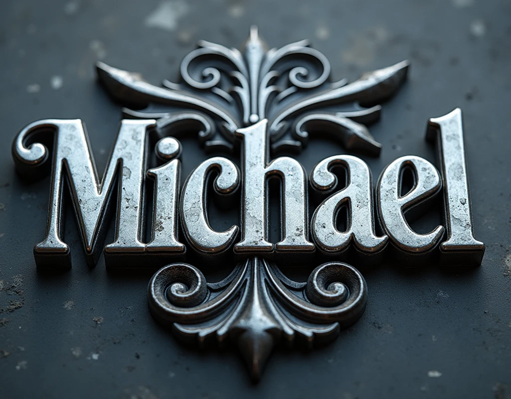 (text:"Michael") The word, Art Nouveau style polished silver chrome text, front face view on flat stone background, photorealistic, cinematic, reflections, emblem logo badge sign,