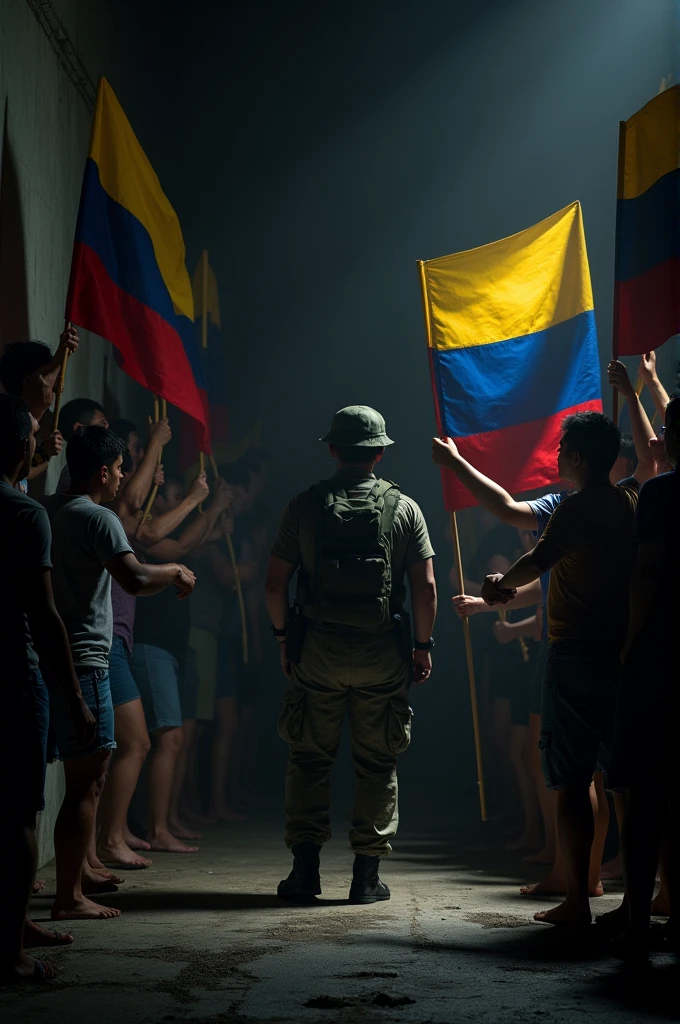 Venezuelans with flags crouching and waiting for something are in the dark and a soldier tries to turn on the light