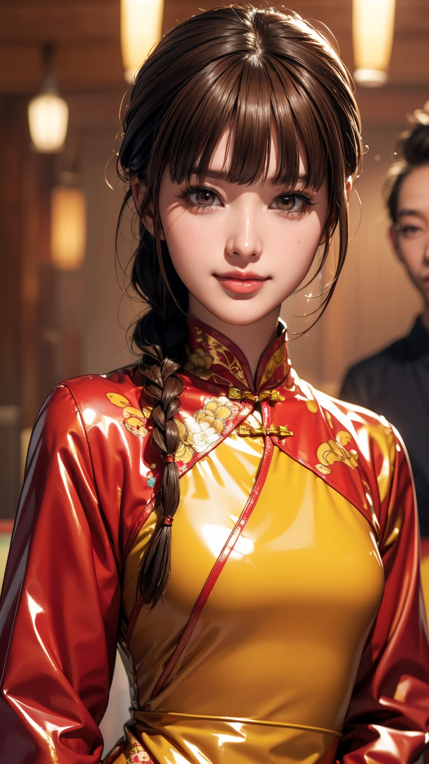 Realistic, masterpiece, Highest quality, Highest Resolution, Anatomically correct, Accurate Anatomy, 7 heads, Height: 165cm, One Japanese woman, A smiling face with some teeth showing, Staring at the audience, Fine and beautiful eyes, Sparkling eyes, Thin eyebrows, Gives lashes a delicate finish, False eyelashes, (Chinese traditional makeup:1.2), (Braided hair, Blunt bangs, Brown Hair:1.2), Detailed face, Sharp Eyes, (Classic red and gold latex cheongsam, Clothes that fit snugly to the body:1.3), Upper body photo, Background like ink painting