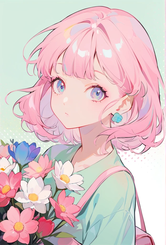 Flat illustration,Minimalism,geometry,abstract Memphis,Anime portrait,Close-up shot,Holding a bouquet of flowers,Focus on the face, Wear a light green shirt,Pink skirt,Holding flowers,Light pink canvas shoulder bag,Long platinum hair,Lane Blue Background,Stylistic expression,celluloid