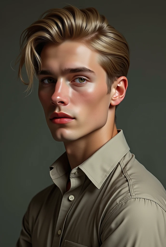kor: 25 years old Height: 1,89 Physical constitution: Scrawny, but with defined muscles Skin color: Polish white, with evident Russian features, smooth skin Eyes: clear eyes, expressive and captivating Hair: blondie hair, straight and short of the 20th century, combed back.
fleshy and red mouth, beautiful smile.
Camisa comprida
Masterpiece, 8k, painting-like, photo by full body, handsome man.