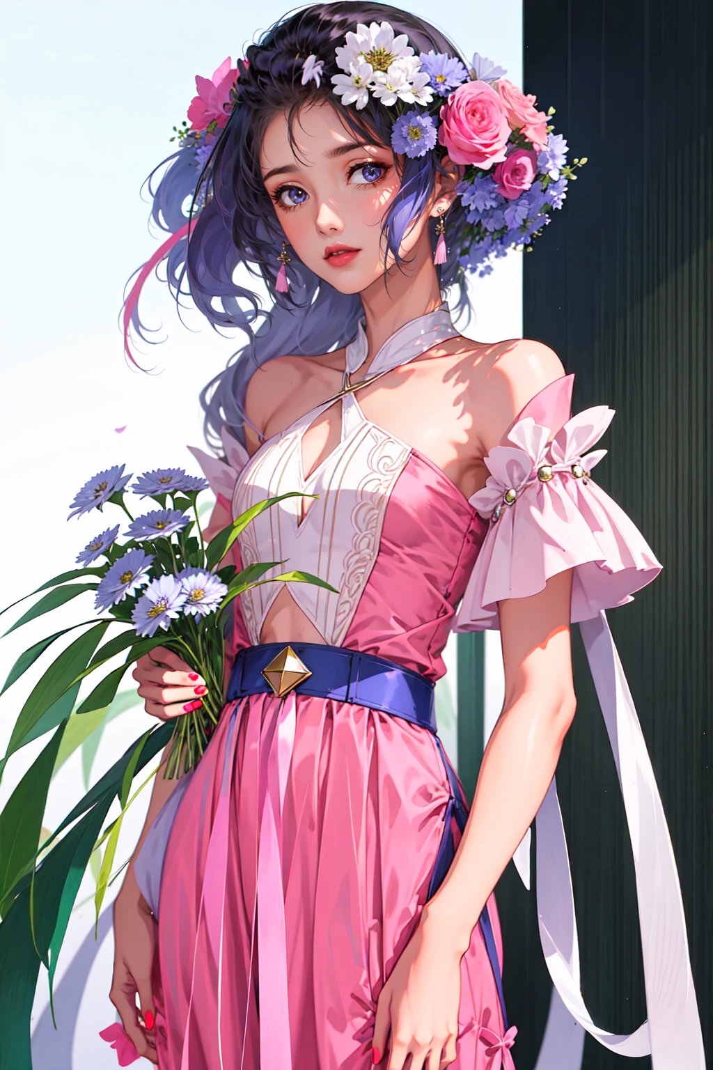 Flat illustration，Minimalism，geometry，abstract Memphis，Anime portrait，Close-up shot，Holding a bouquet of flowers，Focus on the face， Wear a light green shirt，Pink skirt，Holding flowers，Light pink canvas shoulder bag，Long platinum hair，Lane Blue Background，Stylistic expression，celluloid