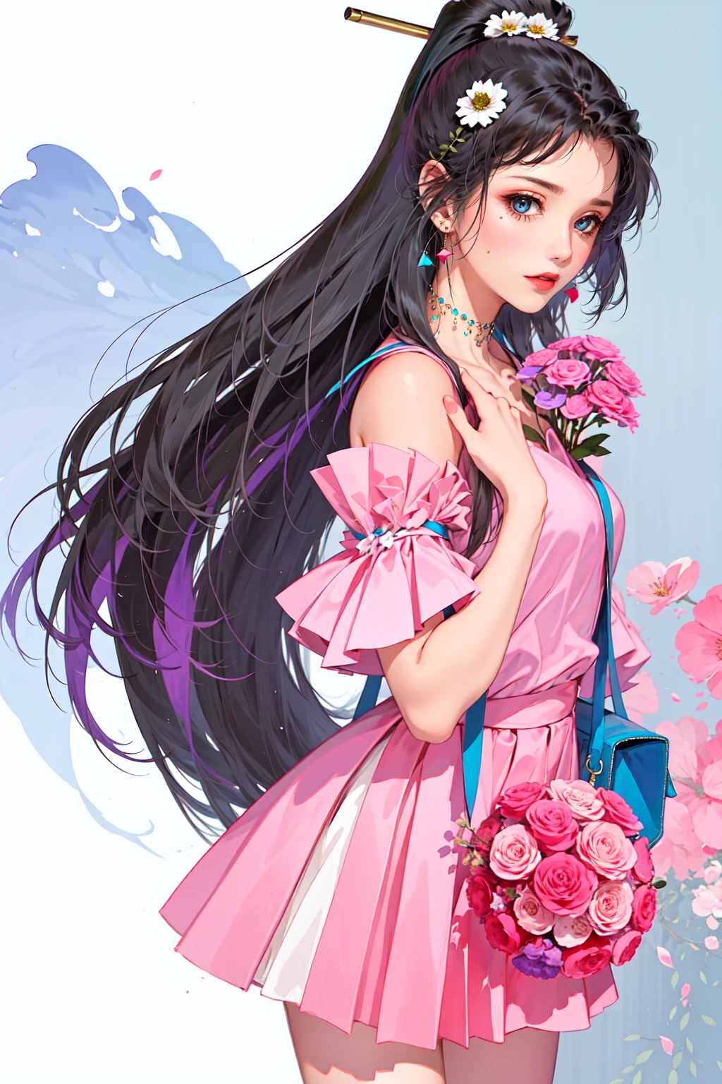 Flat illustration，Minimalism，geometry，abstract Memphis，Anime portrait，Close-up shot，Holding a bouquet of flowers，Focus on the face， Wear a light green shirt，Pink skirt，Holding flowers，Light pink canvas shoulder bag，Long platinum hair，Lane Blue Background，Stylistic expression，celluloid