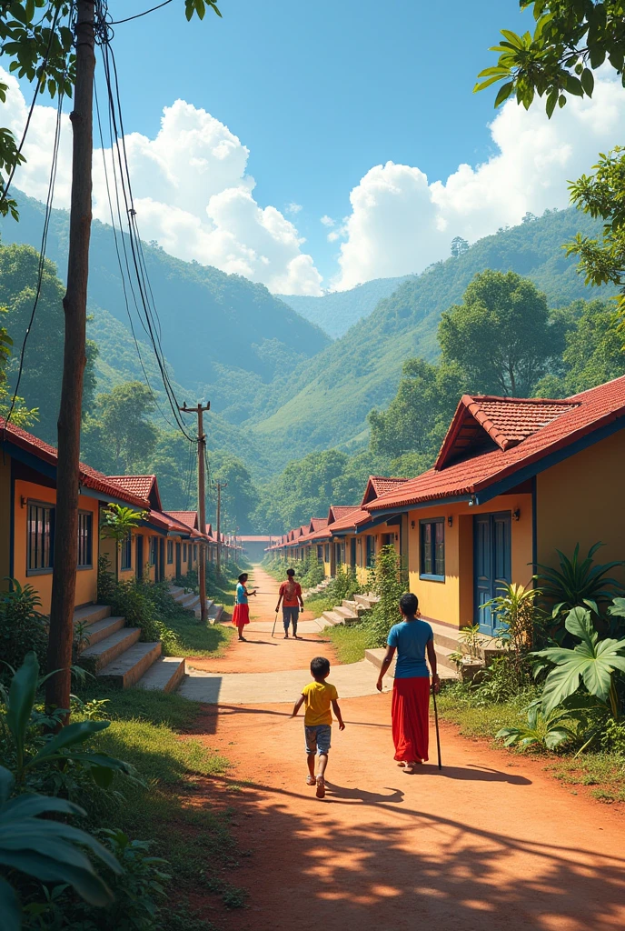 Create an image of a vibrant, hopeful township in Wayanad Mundakkai, Kerala, established for survivors of a recent landslide. Show resilient people rebuilding their lives, with a backdrop of new, safe homes. Include elements of community support, progress, and a sense of unity, with green landscapes and modern infrastructure symbolizing a hopeful future amidst the struggles and losses.