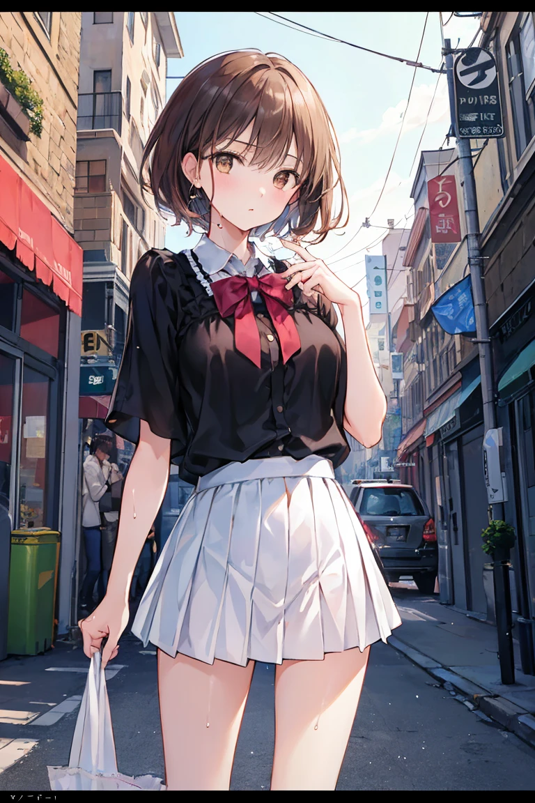 21歳の女性のphotograph, Perfect body, Short pleated skirt, Tight silk blouse, Brown eyes,street, Brown Hair, dramatic, Complex background, Movieような, Movie, Canon 5D, photograph, Film Stock, Wet, it&#39;s raining,Small breasts，Flat chest,((Highest quality)), (Very detailed), (High-definition CG synthesis 8k wallpaper), 高いly detailed,  高い-definition raw colbor photos, プロのphotograph撮影,  Written boundary depth,Model pose,
