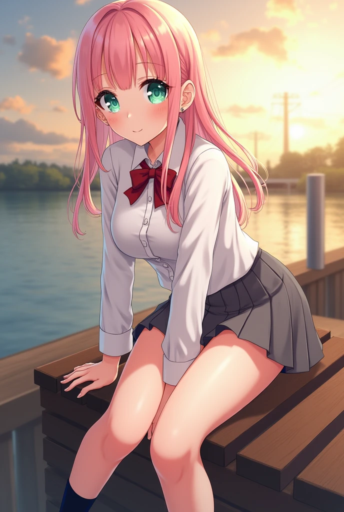 (masterpiece:1.2, of the highest quality), (realist, photorealist:1.4), Beautiful illustrations, (natural side lighting, cinema lighting),
See your viewers, cowboy shot, Front view:0.6, 1 girl, Japanese, high school girl, perfect face, Cute and symmetrical face., shiny skin,
(by the wide:1.8, straight hair:1.7, light pink hair), split bangs, emerald green eyes, long eyelashes, (big breasts:0.9, thick thighs),
beautiful hair, beautiful face, Beautiful attention to detail, beautiful clavicle, beautiful body, beautiful breasts, beautiful thighs, Beautiful feet, beautiful fingers,
((White collared shirt, gray pleated mini skirt, , black socks, Brown loafers, red bow tie)), Hoop Earrings, pink panties,
(beautiful views), evening, River side, (Nice smile,), Lean over a chair and sit down..、Open your legs wide、Panties visible under the skirt.