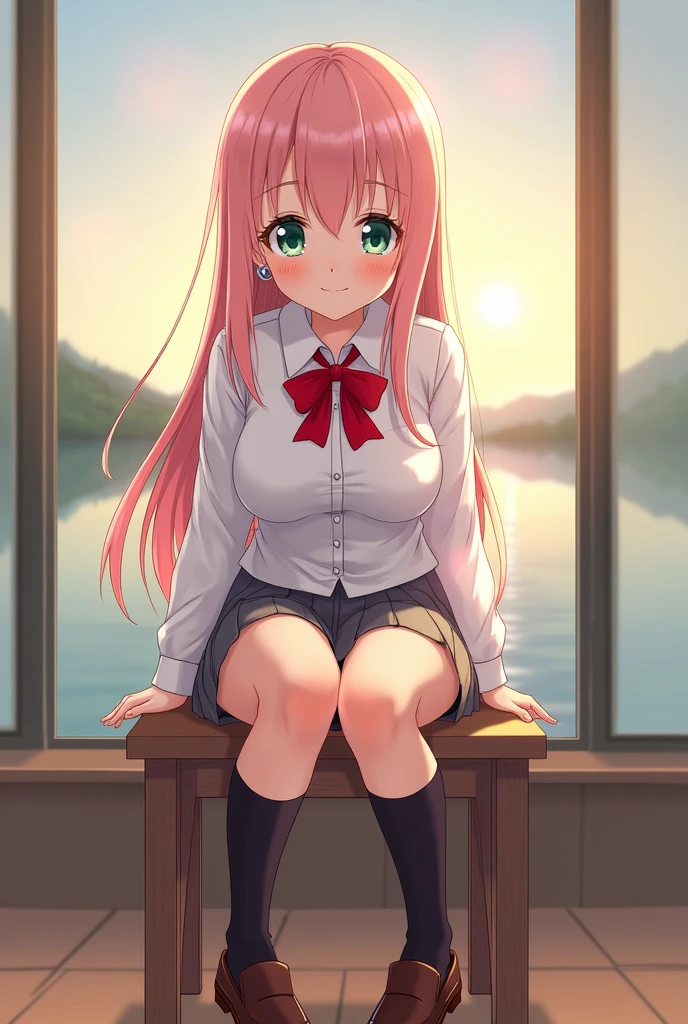 (masterpiece:1.2, of the highest quality), (realist, photorealist:1.4), Beautiful illustrations, (natural side lighting, cinema lighting),
See your viewers, cowboy shot, Front view:0.6, 1 girl, Japanese, high school girl, perfect face, Cute and symmetrical face., shiny skin,
(by the wide:1.8, straight hair:1.7, light pink hair), split bangs, emerald green eyes, long eyelashes, (big breasts:0.9, thick thighs),
beautiful hair, beautiful face, Beautiful attention to detail, beautiful clavicle, beautiful body, beautiful breasts, beautiful thighs, Beautiful feet, beautiful fingers,
((White collared shirt, gray pleated mini skirt, , black socks, Brown loafers, red bow tie)), Hoop Earrings, pink panties,
(beautiful views), evening, River side, (Nice smile,), Lean over a chair and sit down..、Open your legs wide、Panties visible under the skirt.