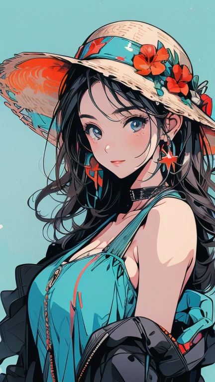 (masterpiece, Highest quality), 32K,(Highly detailed beautiful woman), Poster,sf,girl, Swimwear, whole body,Large Breasts, White Background, smile, Browsing Caution, tropical