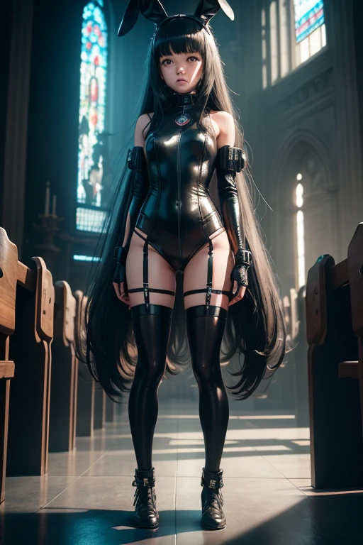 ((Pale skin:1.4))((skimpy black leather harness:1.3))((Fully nude:1.2)) masterpiece, full body, best quality, ultra-detailed, illustration, flat color, depth of field, lens flare, 1girl, naked ((Goth bimbo:1.1)), long straight black hair with bangs, green eyes, detailed skin texture, beautiful detailed face, seductive smile, (huge breasts), teaching in a classroom