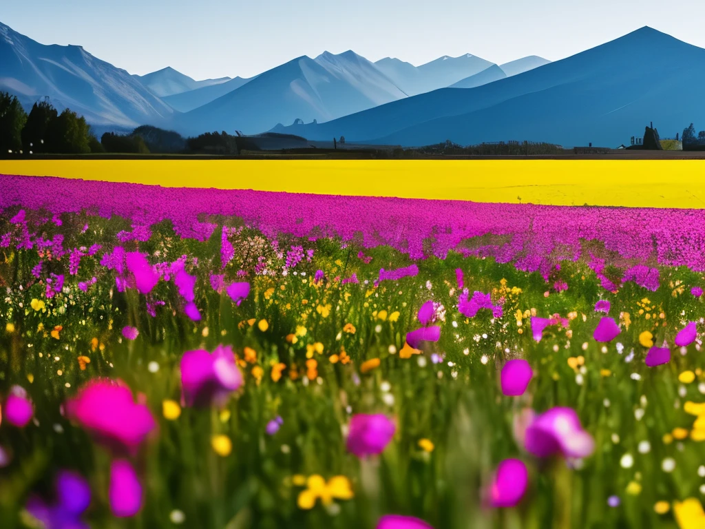 a close up of a field of flowers with mountains in the background, a tilt shift photo by Niko Henrichon, trending on unsplash, color field, fields of flowers, an aesthetic field of flowers, field of flowers, in a field of flowers, field of fantasy flowers, flower field, field of mixed flowers, field of wild flowers, flower meadow