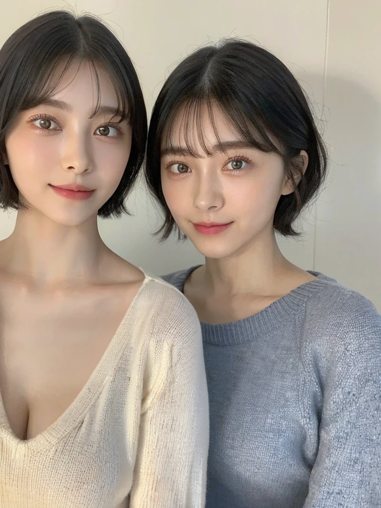 (masterpiece:1.3), (8k, Photoreal, Raw photo, best image quality: 1.4), Japanese high school girl、(random hairstyle:1.2)、cleavage:1.5、super detail face、eye for details、double eyelid、chest to chest、sharp focus:1.2、Beautiful woman:1.4、light brown hair、highest quality、masterpiece、超A high resolution、(Photoreal:1.4)、Highly detailed and professionally lit smiles、loose and light knitwear、shoulder out、thin、serious expression、short haired、deadly position
similar identical twins
All the girls have the exact same face, The two have the same face and figure, as if they were mirror images.