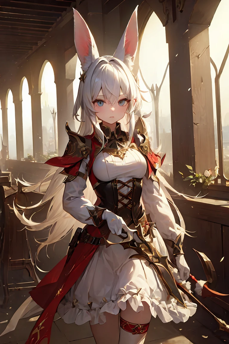 ((masterpiece:1.3)), accurate, textured skin, high details, high quality, high resolution, super detail, 1080P, detailed face, detailed eyes, rabbit ears, white hair, sidelocks, swept bangs, straight hair, shiny hair, big hair, Gothic art, cowboy shot, ((spear)), (put a spear on her shoulder), Background (abandoned castle, old castle), ribbon