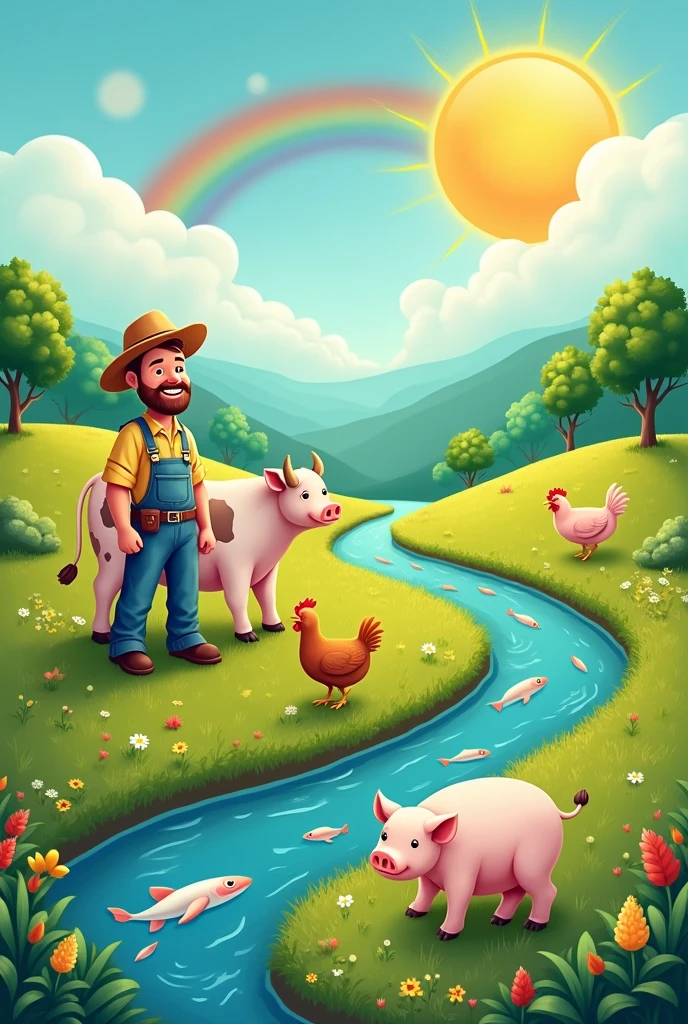 Field with lots of vegetation, cows, pigs and chickens next to the farmer. There is also a river with fish, the sun and a rainbow.