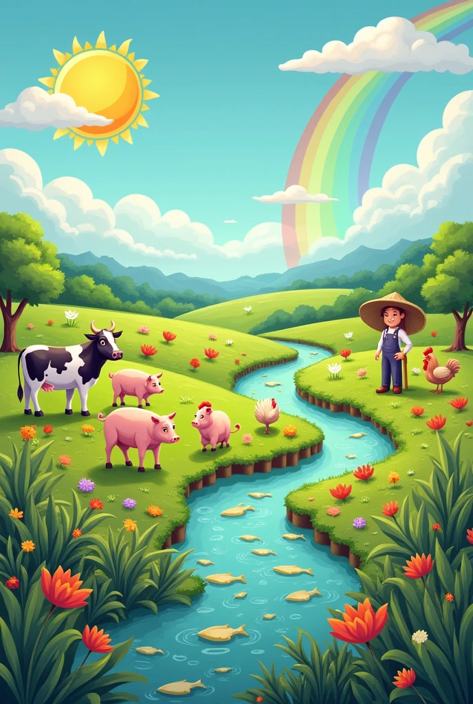 Field with lots of vegetation, cows, pigs and chickens next to the farmer. There is also a river with fish, the sun and a rainbow.