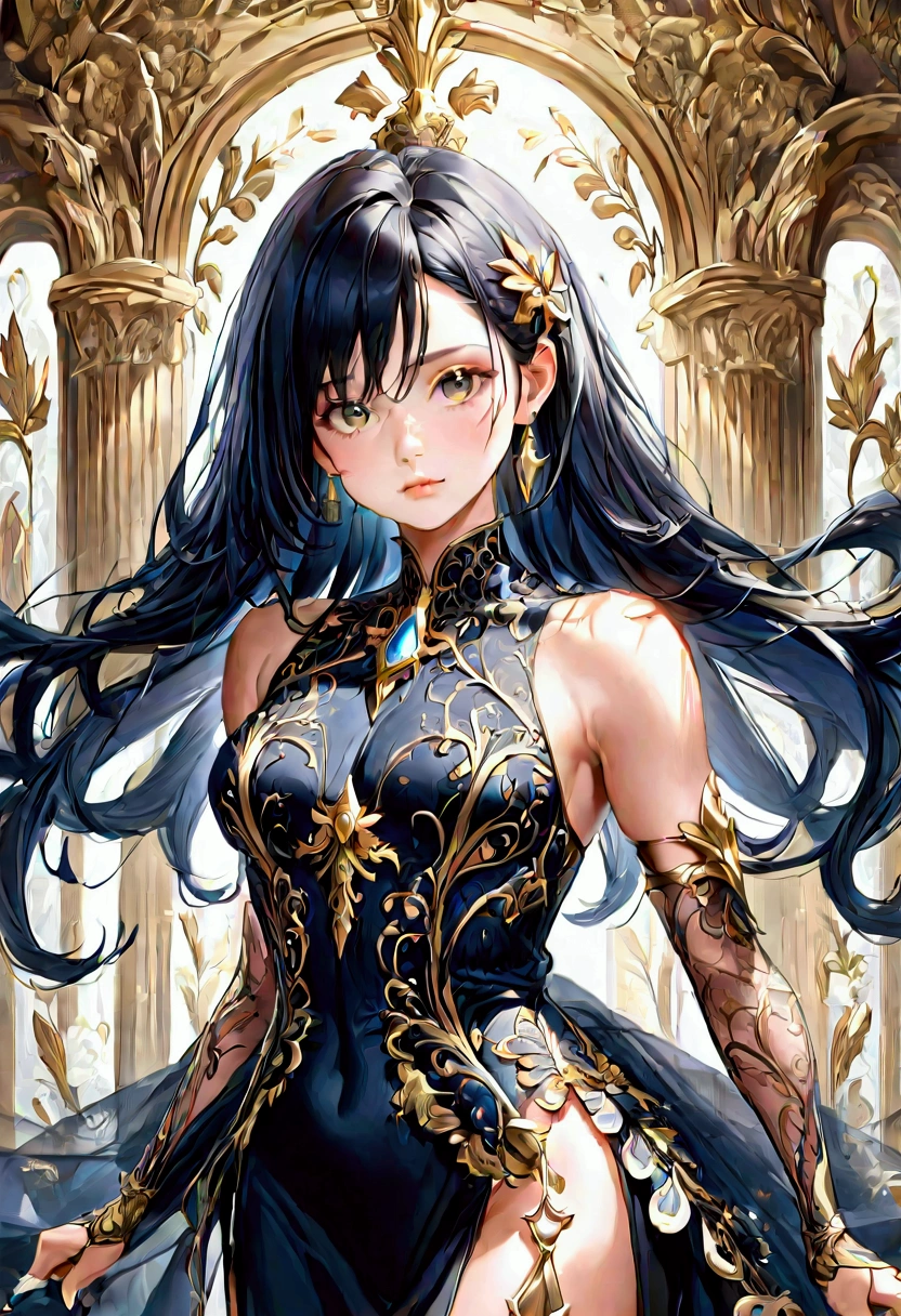 ((Masterpiece)) ((best quality)) ((ultra-detailed )) ((ultra sharp)) ((4k)).Anime girl with long black  hair , black eyes with hourglass shaped build, 