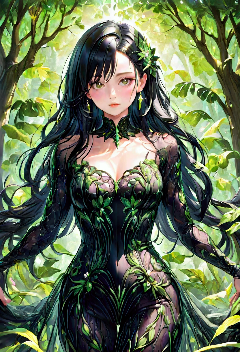 ((Masterpiece)) ((best quality)) ((ultra-detailed )) ((ultra sharp)) ((4k)).Anime girl with long black hair , black eyes with hourglass shaped build,