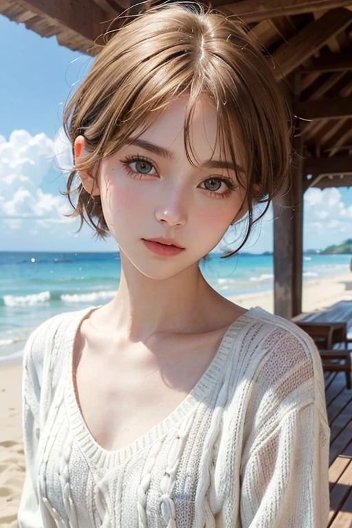 One Girl, Highest quality, Realistic, alone, Written boundary depth, Natural light, Daytime, charm, Beautiful Face, clean, Pure Face, Pale skin, cute, short hair, Beach, sunlight,Flat Chest, Small breasts, whole body, ((sweater,Beautiful Face)),