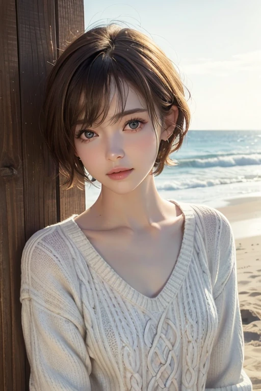 One Girl, Highest quality, Realistic, alone, Written boundary depth, Natural light, Daytime, charm, Beautiful Face, clean, Pure Face, Pale skin, cute, short hair, Beach, sunlight,Flat Chest, Small breasts, whole body, ((sweater,Beautiful Face)),