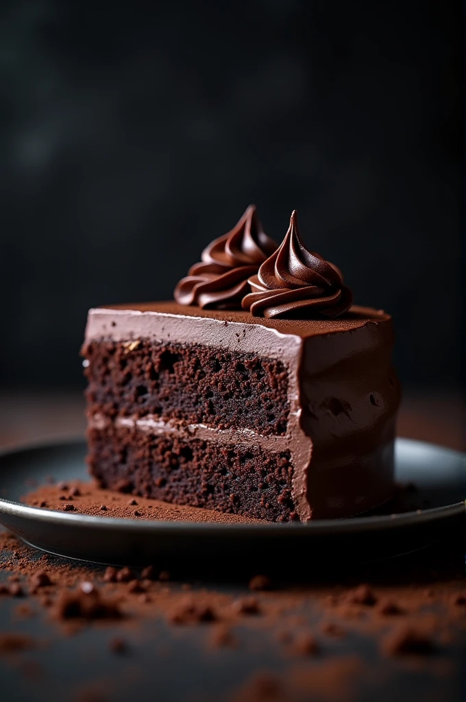 cinematic film still chocolate, chocolate cake, dark background, quality photo, moist texture, frosting, studio photo, slice . shallow depth of field, vignette, highly detailed, high budget, bokeh, cinemascope, moody, epic, gorgeous, film grain, grainy