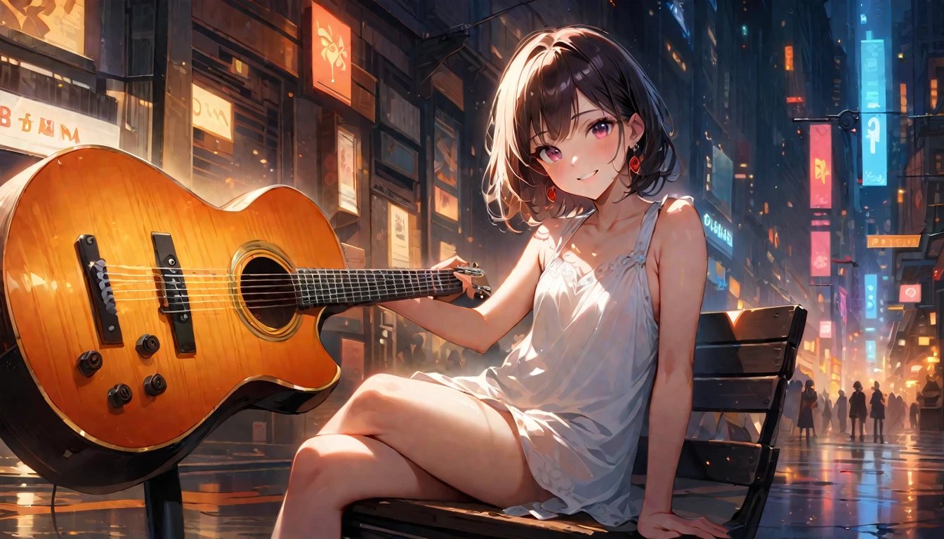 (Highest quality,4K,8k,High resolution,masterpiece:1.2),Very detailed,Realistic,Transparent guitar sculpture,night,Sunlight reflecting off a guitar,Body Details,Delicate strings,Vibrant color palette,Sculpting Tools,Hourglass Shape,Sound hole,Elegant Curves,Polished surface,Delicate carving,Light and shadow effects,Subtle reflection,Sparkling Surface,A girl sitting on a chair,8 year old child、Harmony between nature and art,Perfect craftsmanship,Transcendental beauty,Awe-inspiring works of art、Outdoor、short hair、Earrings、White shirt、Great smile、City、In town
