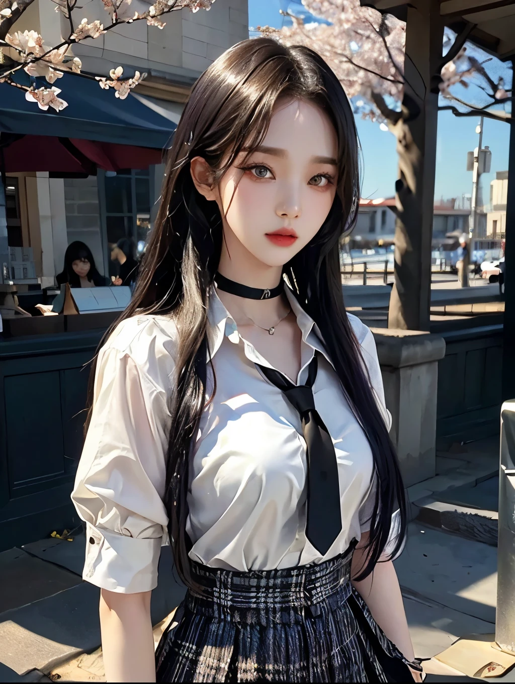 큰 chest, 젖어서 chest이 보이는 흰색 shirt, masterpiece, best quality, whole body, 1 woman, forehead, black choker, black necktie, blond hair, blue skirt, blush, bracelet, chest, choker, clothes approximately waist, clavicle, collared shirt, cowboy shot, dress shirt, ear piercing, eyebrows visible through hair, gradient hair, 이를 드러내고 laugh, fix, bijouterie, Kogal, long hair, looking at viewer, loose necktie, necktie, piercing, plaid, plaid skirt, pleated skirt, red eyes, ring, , shirt, skirt, laugh, alone, distance, sky, Cherry Blossom, petal,illustration, (Magazines:1.3), (sheathe-style:1.3), fashionable, female, vibrant, outfit, posing, front, fancy, dynamic, background, coercion, confidence, expression, possession, name, accessories, majestic, coil, approximately, touch, scene, texts, sheathe, brave, attracting attention, title, Refined, font, catchy, headline, bigger, striking, modern, Trend, Concentrate upon, fashion,