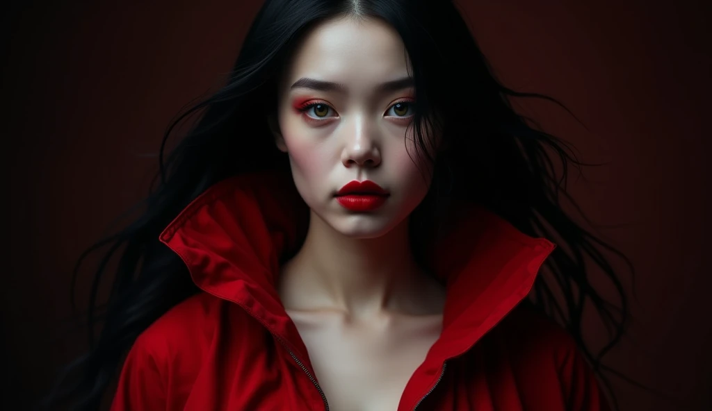 a beautiful girl with long black hair, Red lips, and wearing a red cape with a low neckline, looking at the camera, dark environment around her