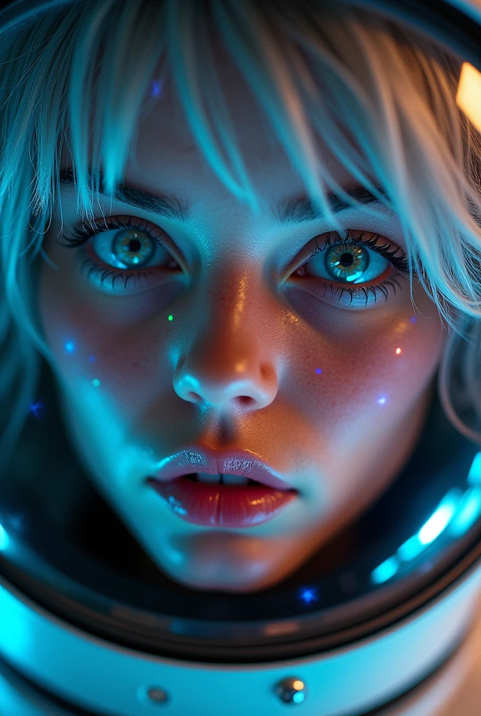 (Close-up of a better masterpiece:1.5)0.9], (Space and astronauts:1.2) (Messy silver hair:1.1) (Heterochromia xanthochromia and blue eyes:1.2) (Space Helmet:1.0) (Colored stars in the eyes:1.0) (A radiant glow:1.1) (thick lips:0.9)