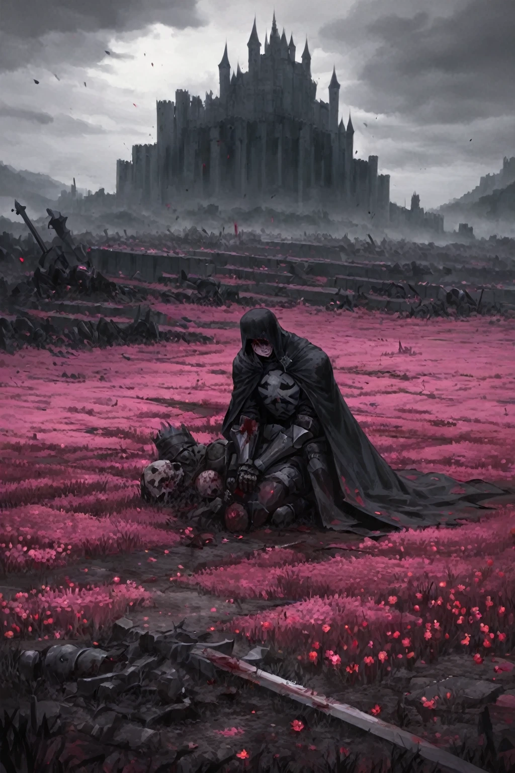 work of art, excessive brutalism, field of battle, broken weapons, fallen bodies, caped knight on his knees mourning the death of another knight, knights fallen to the ground defeated, pink flowers, (dreamy landscape), stunning landscape, castle in the background, dark scenery, bloodstains, rosas de bloodstains