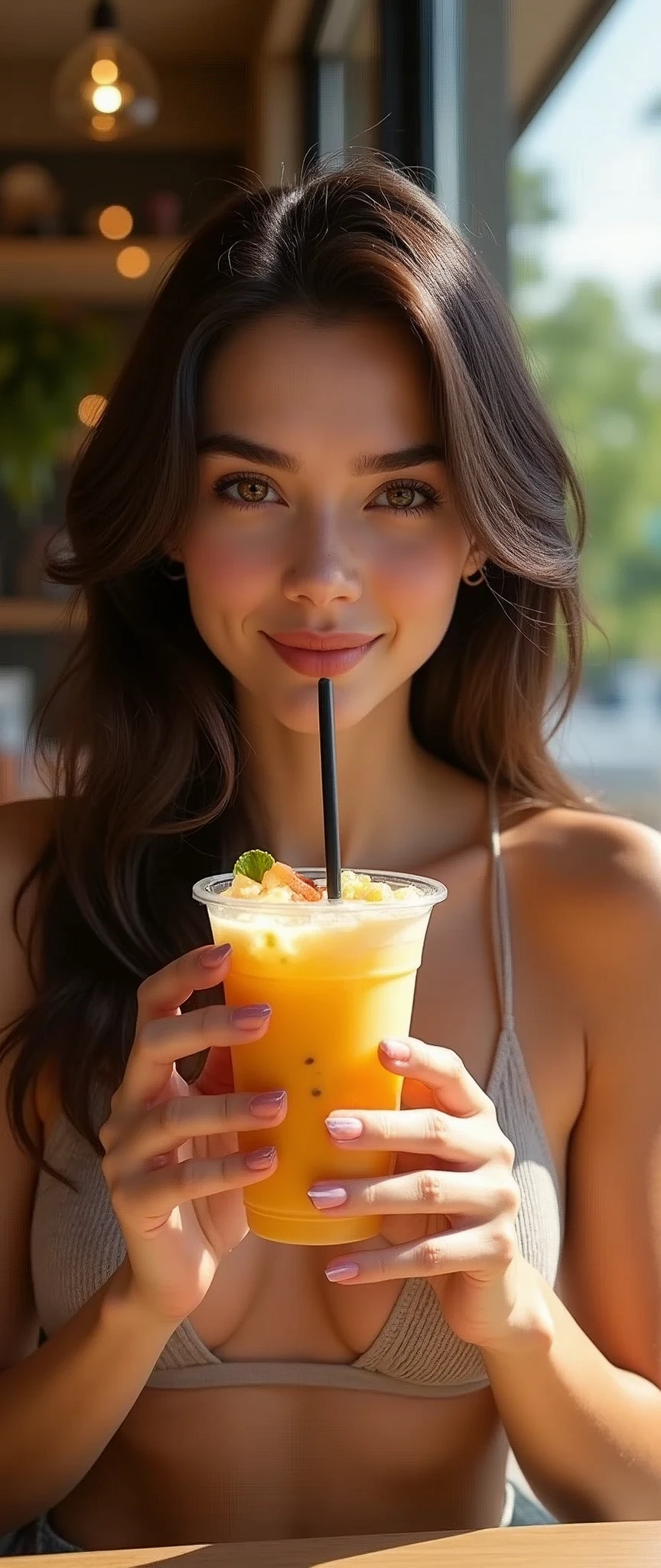 (masterpiece:1.2, Highest quality,Highest quality,Very detailedな:1.2),(Very detailed),8k,(Realistic),(RAW Photos:1.2),(1 female),(Brazilian:2.0,Beautiful Face,Beautiful Eyes,Beautiful Hair,Detailed skin texture:1.3,Beautiful Hands:2.0,Detailed hands:1.2,Cute Nail Art:1.2,Random hairstyle),(A woman drinking a new fruit Frappuccino,straw,Stylish tableware,Stylish coffee shop),(Stylish Photos),(Cool looking photo),(A delicious smile:1.2),(summer),(Detailed depiction down to the last detail)