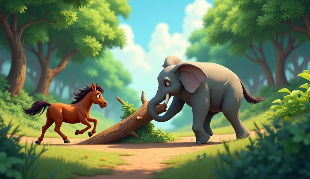 5. **”An animated scene of a horse racing around a fallen tree and an elephant pushing it with its trunk, illustrating their joint effort to solve the problem.”**