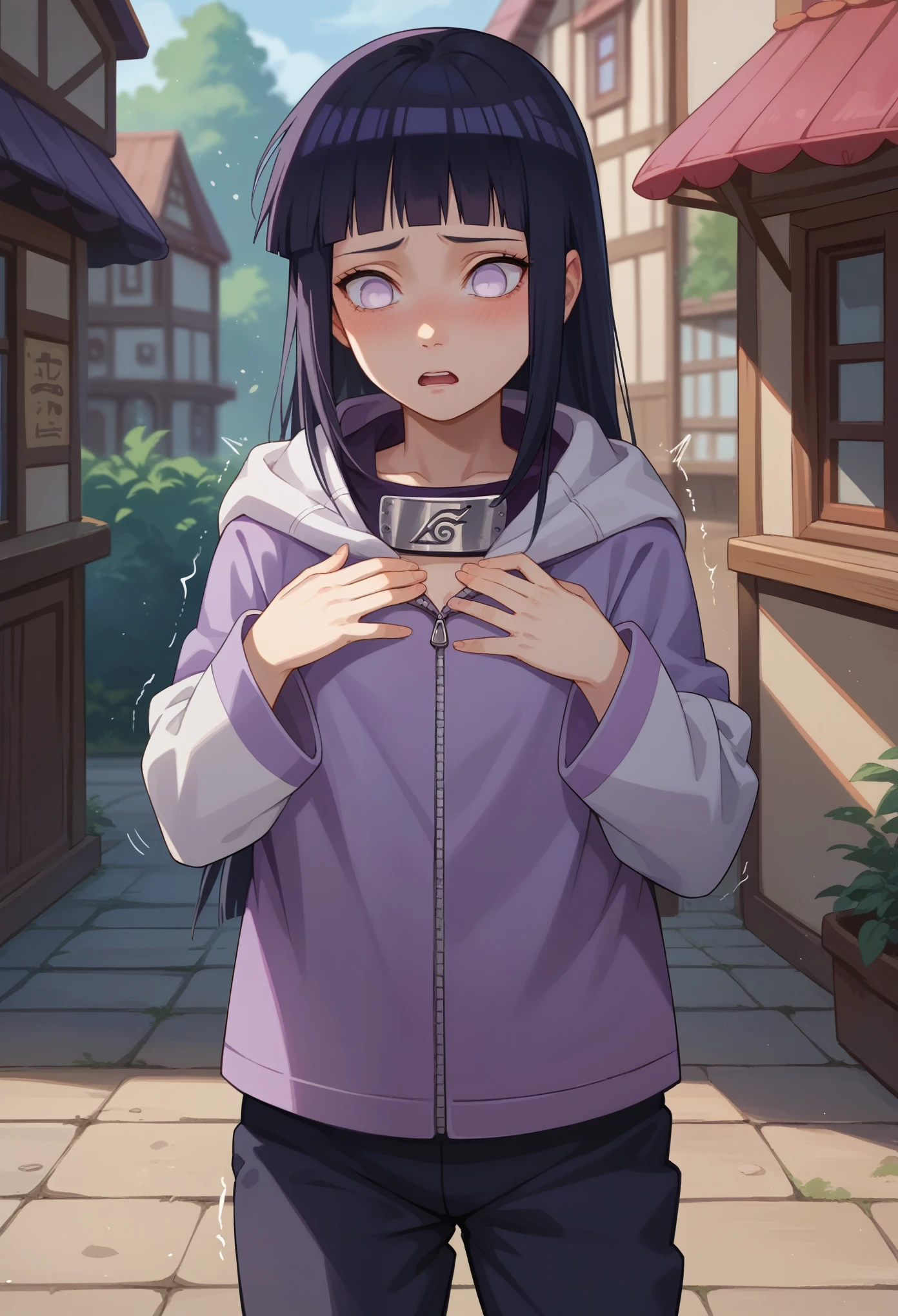 score_9, score_8_up, score_7_up, 1girl solo, (()), flat chest, hinataSDXL, long hair, black hair, purple eyes, skinny, white eyes, pants, purple jacket, hood, forehead protector, konohagakure symbol, hyuuga hinata, hands on chest, shaking, standing, blushing, surprised, oversized clohtes, looking down, tradicional village