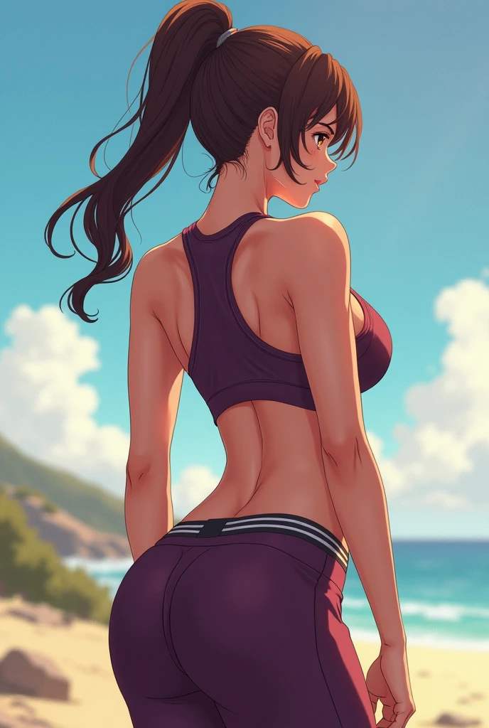 An anime woman with huge breasts and ass from behind in tight sportswear