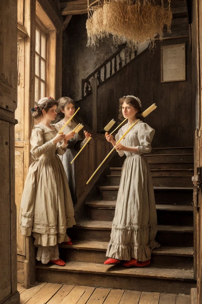 realistic picture,19th century,in France,in front of understairs strage,wood stair,spread many (((straws))) all over,soot,dirty