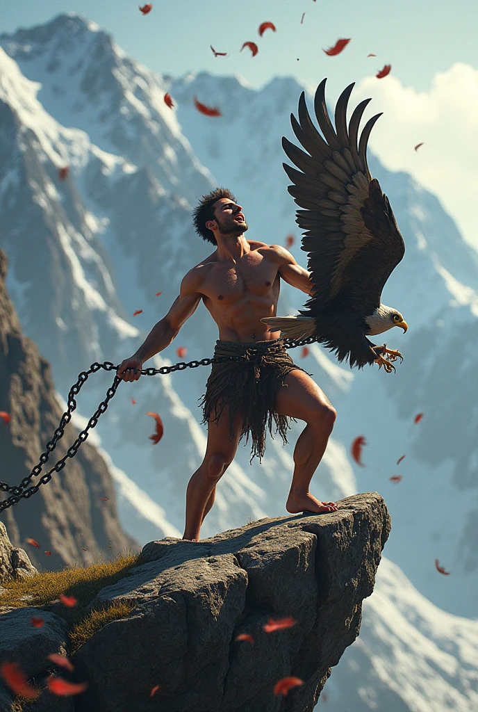 Characters: Prometheus, eagle - Description: Prometheus encadenado, eagle devouring its liver - Epoch: Greek Antiquity - Clothing: naked, chained - Place: Rock in the Caucasus - Action: Eagle attacking, Prometheus sufriendo
- Fondo: The rock, blood, sky and mountains - Plan: Wide shot
- Estilo: hyper-realistic, Photo realism, cinematography