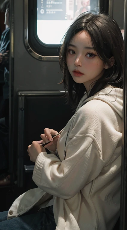 (RAW Photos, Highest quality), (Realistic, photo-Realistic:1.3),Highest quality,Very detailed,masterpiece,Very detailedな,shape,One Girl,full_body,Dynamic Angle,world masterpiece theater,Messy_length_hair,Highest quality,Very detailed CG ユニティ 8k 壁紙,ink,wonderful,Cinema Lighting,lens_Flare, Dunhuang_style, in the train