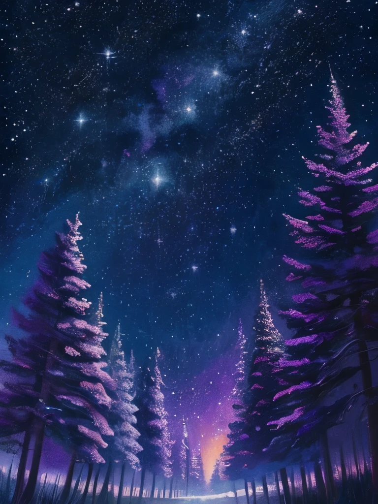 a painting of a night sky with trees and stars, stary night painting, starry-night!!!!!!!!!!!!!!!!!!!!, colorful night sky, starry nights, acrylic paint on canvas, starry skies, trees and stars background, acrylic painting, beautiful color art!, violet sky, stars and paisley filled sky, beautiful pine tree landscape, starlit sky, canvas painting, starry night sky