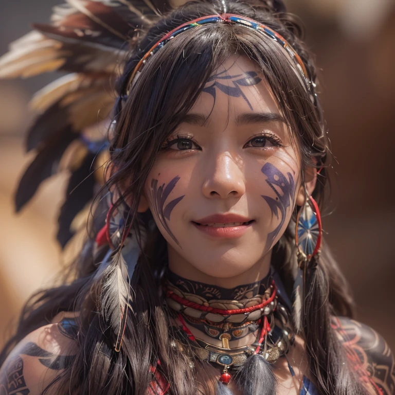At the Grand Canyon、Hair Flow、 ((Highest quality、masterpiece、8k、Best image quality、Ultra-high resolution、Award-winning works)、(Accurate anatomy:1.1)、(Look at me and smile:1.1)、Shining fair skin with Ultra-high resolution、The most detailed face、Ultra-high resolution detailed face、Ultra-high resolutionの髪の毛、(Ultra-high resolutionの煌めく瞳:1.1)、Beautiful face drawn in every detail、(Blurred Background:1.1)、Native American Costume, American Indian Clothing, Chest to chest, tattoo、A real giant condor next to you。