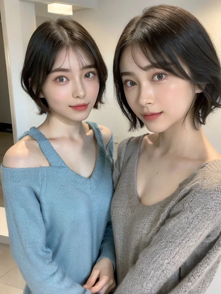 (masterpiece:1.3), (8k, Photoreal, Raw photo, best image quality: 1.4), Japanese high school girl、(random hairstyle:1.2)、cleavage:1.5、super detail face、eye for details、double eyelid、chest to chest、sharp focus:1.2、Beautiful woman:1.4、light brown hair、highest quality、masterpiece、超A high resolution、(Photoreal:1.4)、Highly detailed and professionally lit smiles、loose and light knitwear、shoulder out、thin、serious expression、short haired、deadly position
similar identical twins
All the girls have the exact same face, The two have the same face and figure, as if they were mirror images.