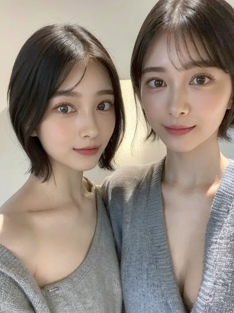 (masterpiece:1.3), (8k, Photoreal, Raw photo, best image quality: 1.4), Japanese high school girl、(random hairstyle:1.2)、cleavage:1.5、super detail face、eye for details、double eyelid、chest to chest、sharp focus:1.2、Beautiful woman:1.4、light brown hair、highest quality、masterpiece、超A high resolution、(Photoreal:1.4)、Highly detailed and professionally lit smiles、loose and light knitwear、shoulder out、thin、serious expression、short haired、deadly position
similar identical twins
All the girls have the exact same face, The two have the same face and figure, as if they were mirror images.