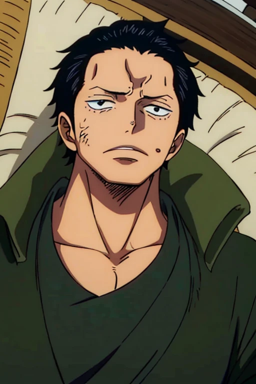 A boy with medium length black hair he has dark circles on his face and wears a green sweater he is very handsome his eyes have dark circles 