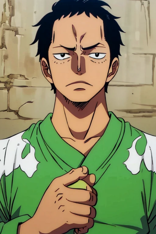 A boy with medium length black hair he has dark circles on his face and wears a green sweater he is very handsome his eyes have dark circles