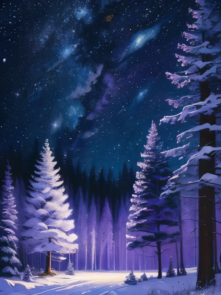 a painting of a night sky with trees and stars, stary night painting, starry-night!!!!!!!!!!!!!!!!!!!!, colorful night sky, starry nights, acrylic paint on canvas, starry skies, trees and stars background, acrylic painting, beautiful color art!, violet sky, stars and paisley filled sky, beautiful pine tree landscape, starlit sky, canvas painting, starry night sky