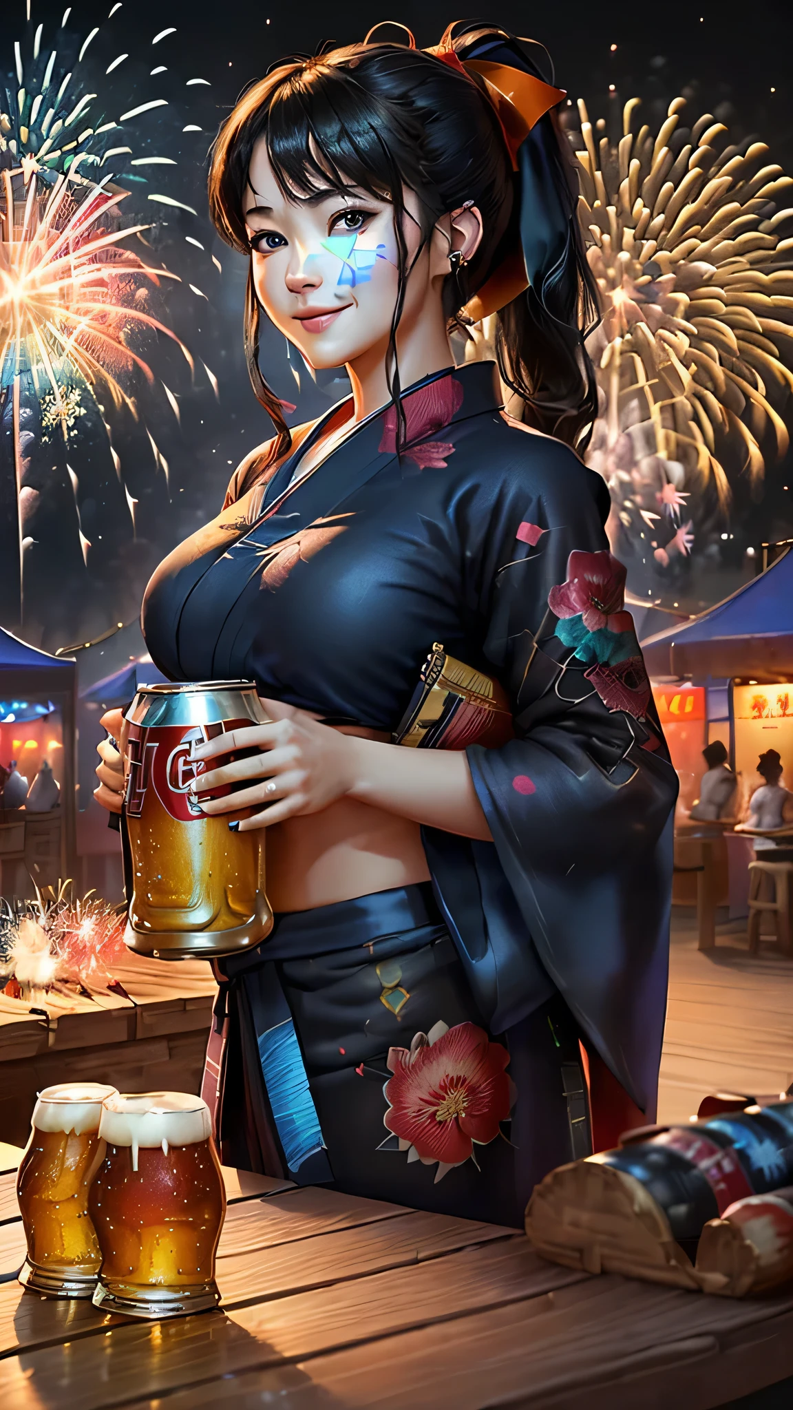 最high quality、Best image quality、masterpiece、With a girl((cute、20-year-old、Best Bust、Medium Bust、Beautiful Blue Eyes、Spread your chest wide,Black Hair、ponytail、Disheveled Hair、thin、Highest Valley、Red yukata、smile、Beer を持つ、Drunk))high quality、Beautiful art、background((night、festival、stall、Fireworks、Beer )),Tabletop、Exquisite design、Visual Arts、Written boundary depth、Best lighting、Highest detail、8k