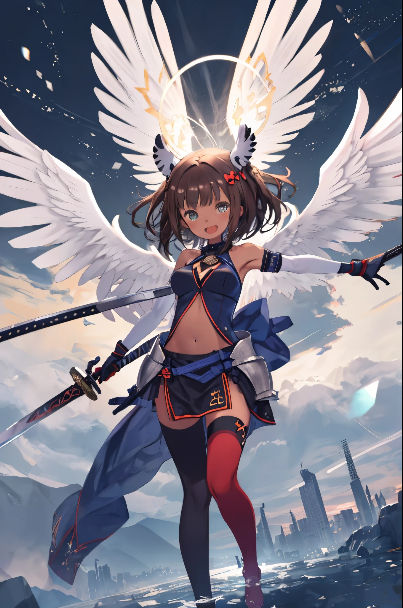 fantasy, 1angel_girl, low_teen, dark_brown_hair,long_bangs, (dark_skin)+, bare_shoulder, navel out, thighhighs,silver_shiny_armor, white_clothes,waist_armor, Glebe, hold_swords_emits_light, medium_breasts, dynamic_flying_pose,Floating, (1pair_white_wings:1.2),(pelvic_curtain:1.3), silver_Headgear ,looking_down_at_sunset_city_sky_background,,slightly_spread_legs, some_swords_emits_light,some_swords_emits_light_floating_around_the_girl,solo,glare_halo,laugh ,smile,open_mouth,open_legs,open_arms,rise_knee,rise_leg,rise_thigh,rise_leg,forward_leaning_posture,apart_legs,