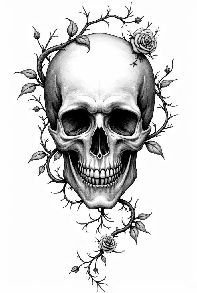 A skull with rose vines growing out from the eyes without color only outline